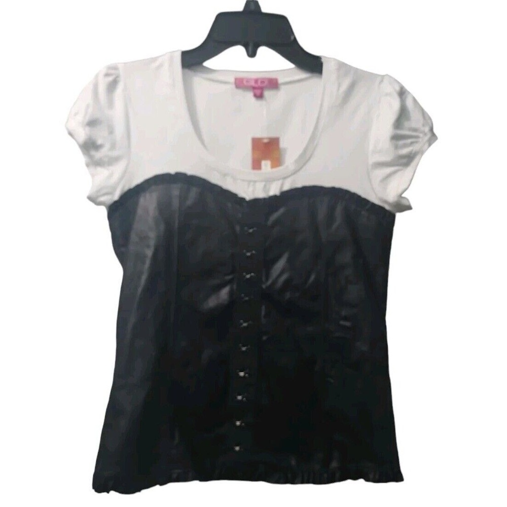 GLO Jeans Corset Top White Black Short Sleeve Hook Eye Closure Size M